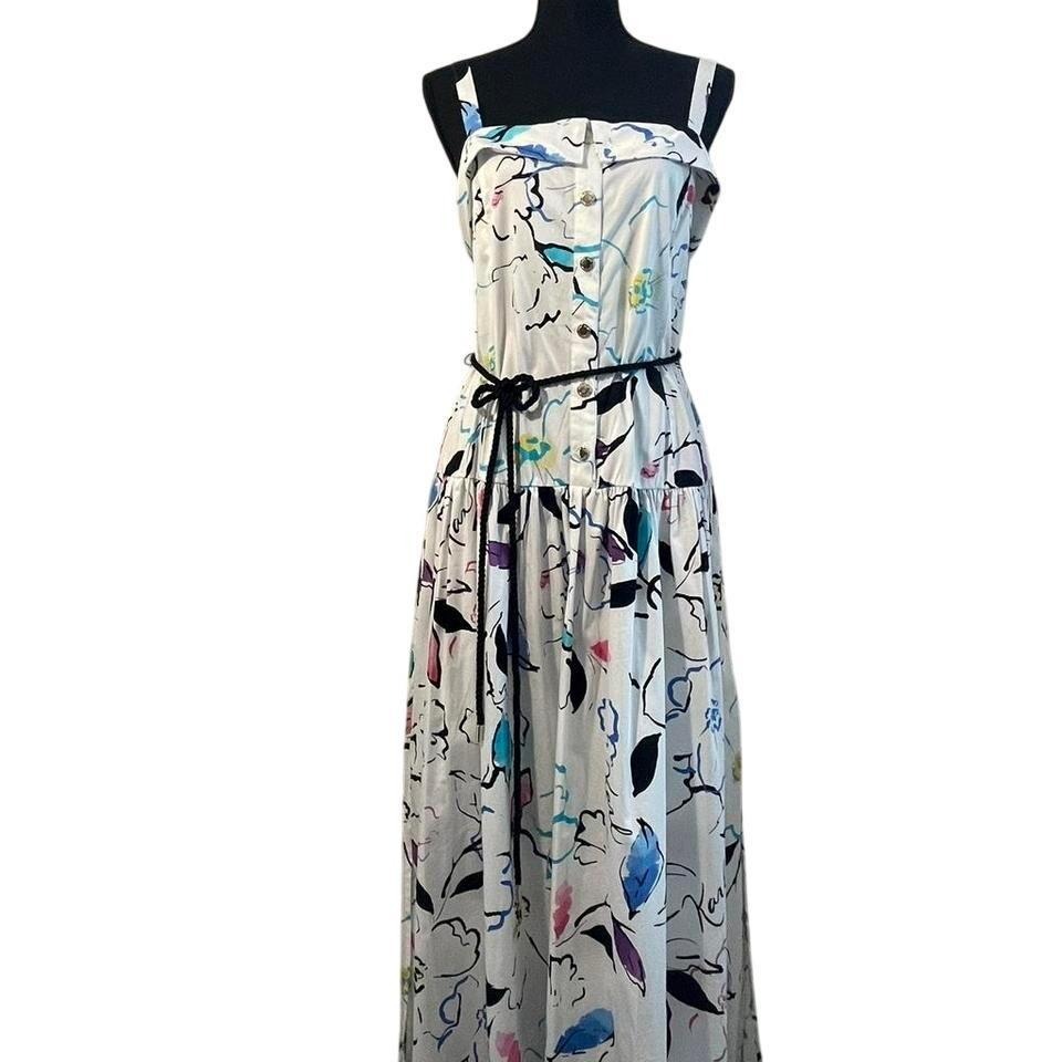Karl Lagerfeld White And Blue Floral Maxi Dress With Adjustable Straps & Belt 14